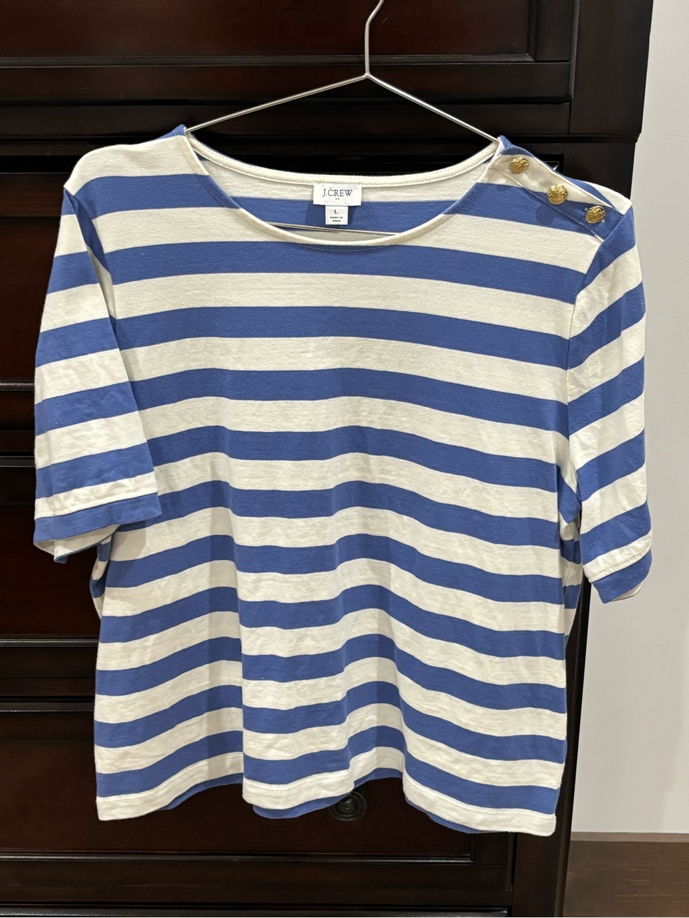 J. Crew Blue and White Striped Button-Shoulder Tee